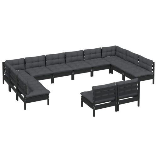 12-Piece Garden Lounge Set with Cushions Black Pine Wood Outdoor Patio Furniture - Image 3