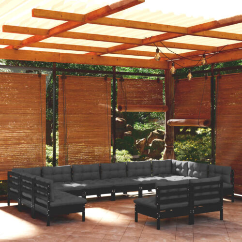 12-Piece Garden Lounge Set with Cushions Black Pine Wood Outdoor Patio Furniture - Image 8