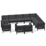 12-Piece Garden Lounge Set with Cushions Black Pine Wood Outdoor Patio Furniture