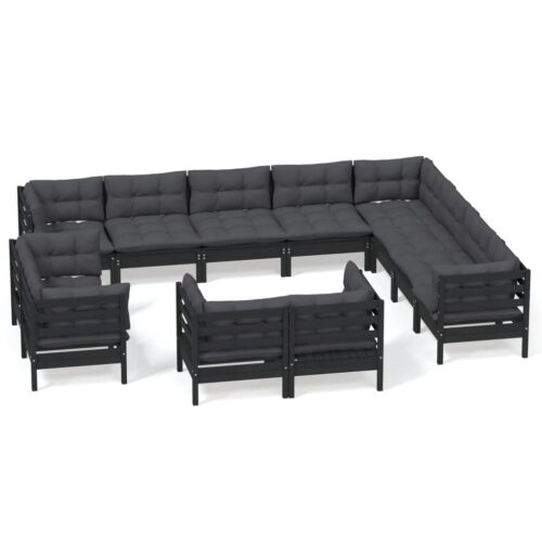 12-Piece Garden Lounge Set with Cushions Black Pine Wood Outdoor Patio Furniture
