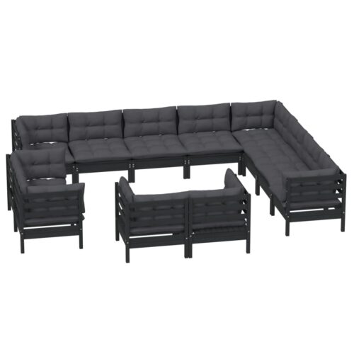 12-Piece Garden Lounge Set with Cushions Black Pine Wood Outdoor Patio Furniture - Image 3