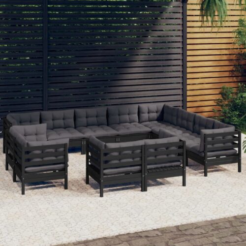 12-Piece Garden Lounge Set with Cushions Black Pine Wood Outdoor Patio Furniture - Image 8