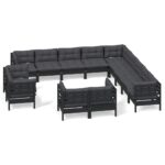 13-Piece Garden Lounge Set with Cushions Black Pine Wood Outdoor Patio Furniture