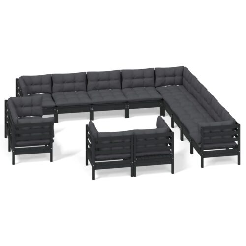 13-Piece Garden Lounge Set with Cushions Black Pine Wood Outdoor Patio Furniture