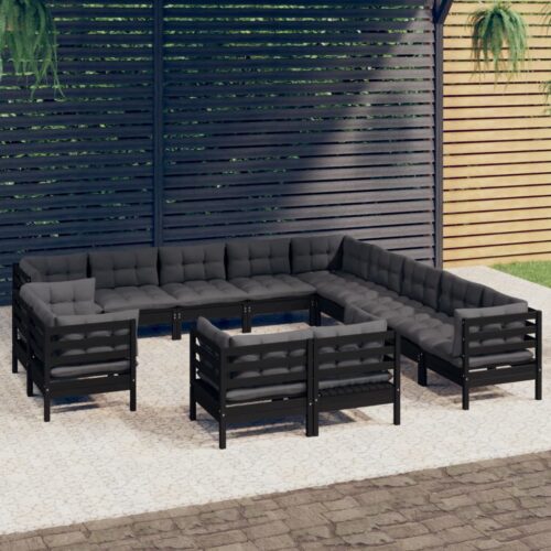 13-Piece Garden Lounge Set with Cushions Black Pine Wood Outdoor Patio Furniture - Image 8