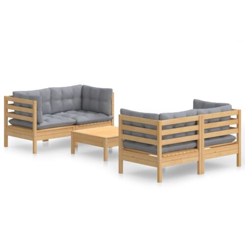 5-Piece Garden Lounge Set with Grey Cushions Pine Wood Outdoor Patio Furniture