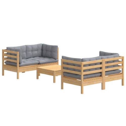 5-Piece Garden Lounge Set with Grey Cushions Pine Wood Outdoor Patio Furniture - Image 2