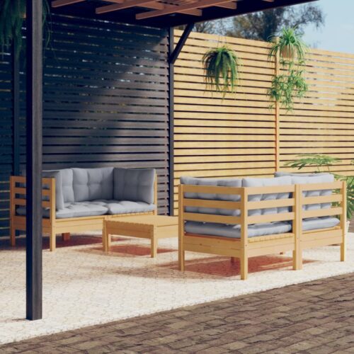 5-Piece Garden Lounge Set with Grey Cushions Pine Wood Outdoor Patio Furniture - Image 10