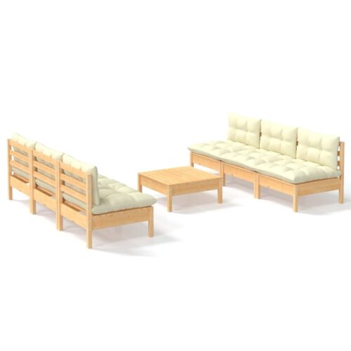 7-Piece Garden Lounge Set with Cream Cushions Pine Wood Outdoor Patio Furniture