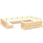 13-Piece Garden Lounge Set with Cream Cushions Pine Wood Outdoor Patio Furniture