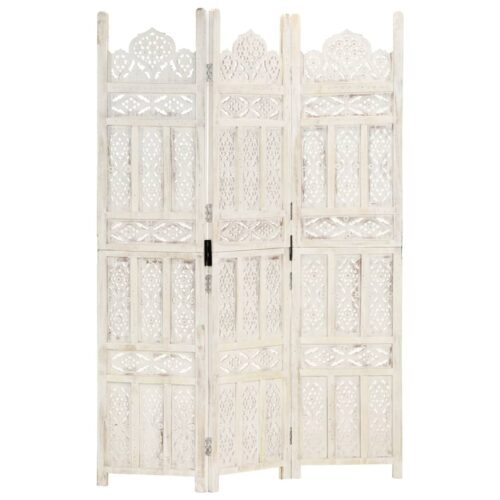 Hand carved 3-Panel Room Divider White 120x165cm Solid Mango Wood