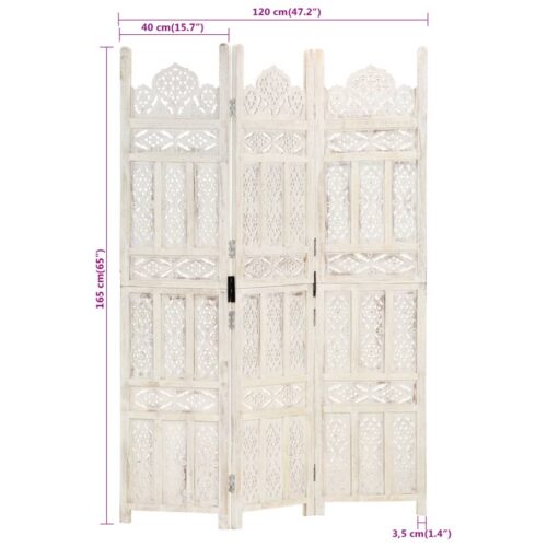 Hand carved 3-Panel Room Divider White 120x165cm Solid Mango Wood - Image 7