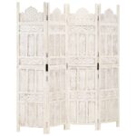 Hand carved 4-Panel Room Divider White 160x165cm Solid Mango Wood