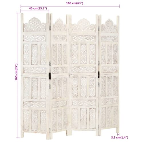 Hand carved 4-Panel Room Divider White 160x165cm Solid Mango Wood - Image 7