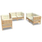 6-Piece Garden Lounge Set with Cream Cushions Pine Wood Outdoor Patio Furniture