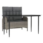 2-Piece Garden Dining Set with Cushions Grey Poly Rattan Wicker Outdoor Patio Furniture