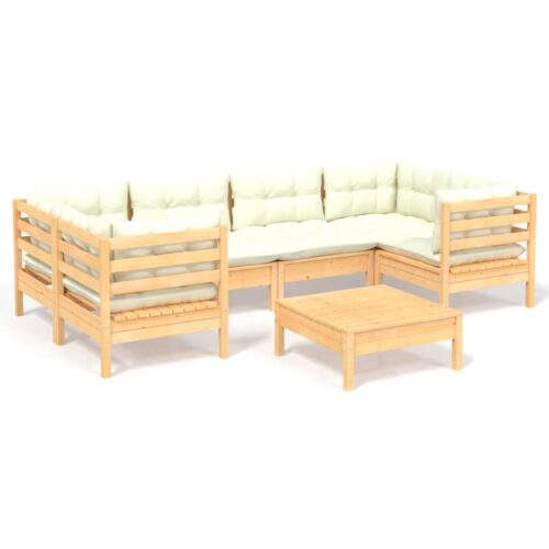 7-Piece Garden Lounge Set with Cream Cushions Pine Wood Outdoor Patio Furniture