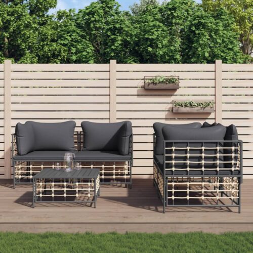 5-Piece Garden Lounge Set with Cushions Anthracite Poly Rattan - Image 9