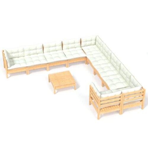 11-Piece Garden Lounge Set with Cream Cushions Pine Wood Outdoor Patio Furniture