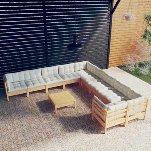 11-Piece Garden Lounge Set with Cream Cushions Pine Wood Outdoor Patio Furniture - Image 9