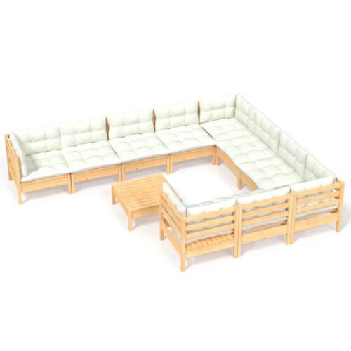 11-Piece Garden Lounge Set with Cream Cushions Pine Wood Outdoor Patio Furniture