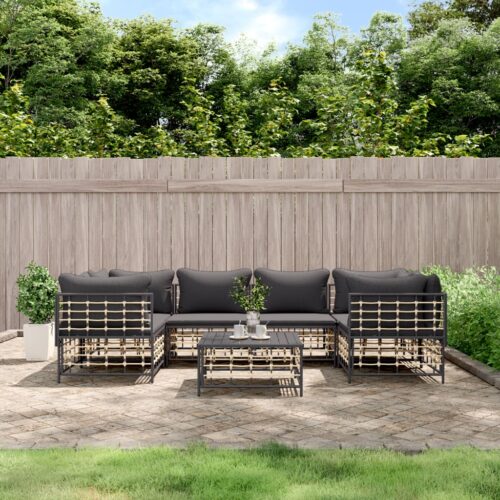 7-Piece Garden Lounge Set with Cushions Anthracite Poly Rattan - Image 9