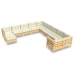 11-Piece Garden Lounge Set with Cream Cushions Pine Wood Outdoor Patio Furniture