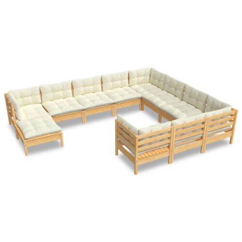 11-Piece Garden Lounge Set with Cream Cushions Pine Wood Outdoor Patio Furniture