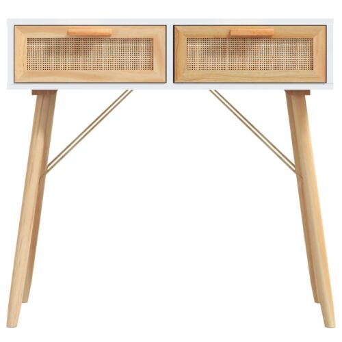 Console Table White 80x30x75cm Solid Wood Pine Natural Rattan - Image 4