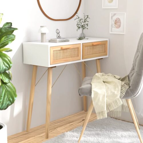 Console Table White 80x30x75cm Solid Wood Pine Natural Rattan - Image 9