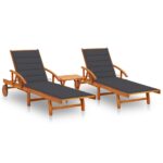 Sun Loungers 2pcs with Table Cushions Solid Wood Acacia