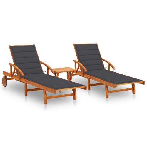 Sun Loungers 2pcs with Table Cushions Solid Wood Acacia - Image 12