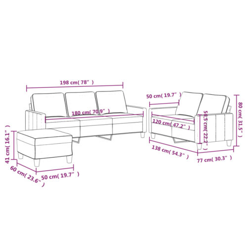 3pcs Sofa Set 5-Seater Lounge Couch Futon Foot Stool Ottoman Velvet Fabric Grey - Image 9