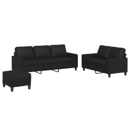 3-Piece Sofa Ottoman Set Seater Lounge Couch Foot Stool Chair Faux Leather Black - Image 2