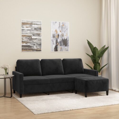 3-Seater Sofa with Footstool Lounge Ottoman Couch Velvet Fabric Black 180cm