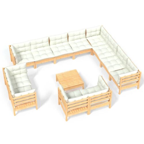 13-Piece Garden Lounge Set with Cream Cushions Pine Wood Outdoor Patio Furniture