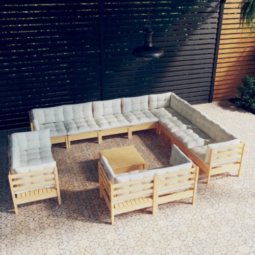 13-Piece Garden Lounge Set with Cream Cushions Pine Wood Outdoor Patio Furniture - Image 9
