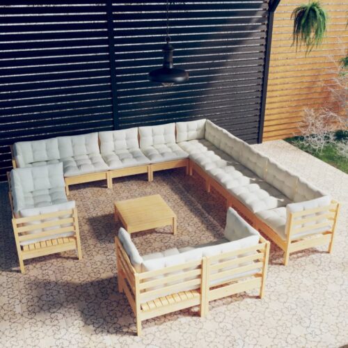 14-Piece Garden Lounge Set with Cream Cushions Pine Wood Outdoor Patio Furniture - Image 9