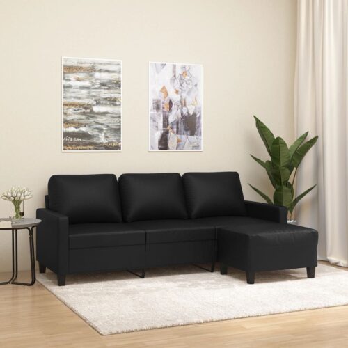 3-Seater Sofa Ottoman Set Lounge Couch Futon Foot Stool Faux Leather Black 180cm - Image 8