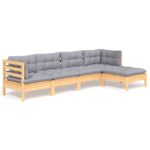 5-Piece Garden Lounge Set with Grey Cushions Pine Wood Outdoor Patio Furniture