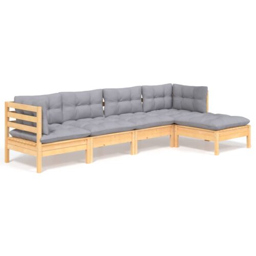 5-Piece Garden Lounge Set with Grey Cushions Pine Wood Outdoor Patio Furniture