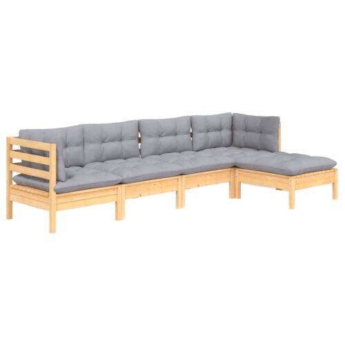 5-Piece Garden Lounge Set with Grey Cushions Pine Wood Outdoor Patio Furniture - Image 2
