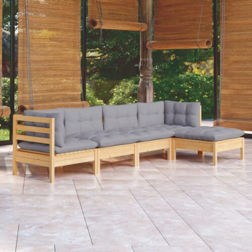 5-Piece Garden Lounge Set with Grey Cushions Pine Wood Outdoor Patio Furniture - Image 9