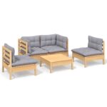 5-Piece Garden Lounge Set with Grey Cushions Pine Wood Outdoor Patio Furniture