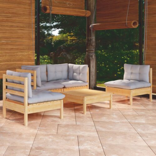 5-Piece Garden Lounge Set with Grey Cushions Pine Wood Outdoor Patio Furniture - Image 11