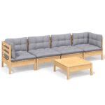 5-Piece Garden Lounge Set with Grey Cushions Pine Wood Outdoor Patio Furniture