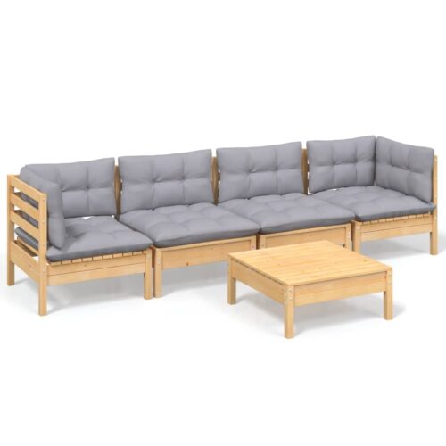 5-Piece Garden Lounge Set with Grey Cushions Pine Wood Outdoor Patio Furniture