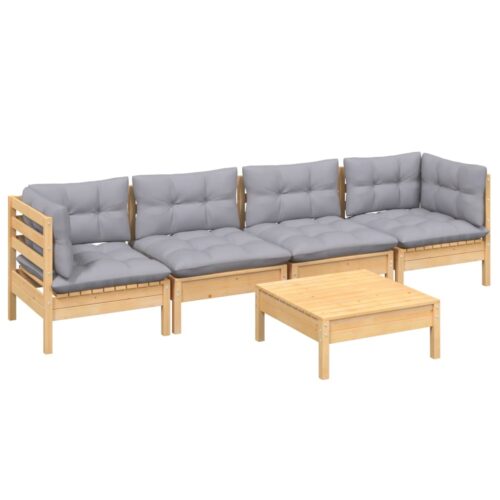 5-Piece Garden Lounge Set with Grey Cushions Pine Wood Outdoor Patio Furniture - Image 2