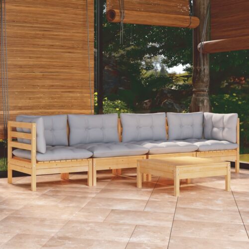 5-Piece Garden Lounge Set with Grey Cushions Pine Wood Outdoor Patio Furniture - Image 11
