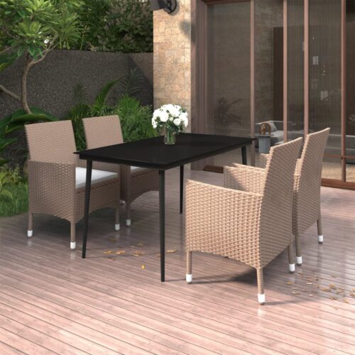 5-Piece Garden Dining Set with Cushions Poly Rattan Wicker Outdoor Patio Furniture Glass - Image 9